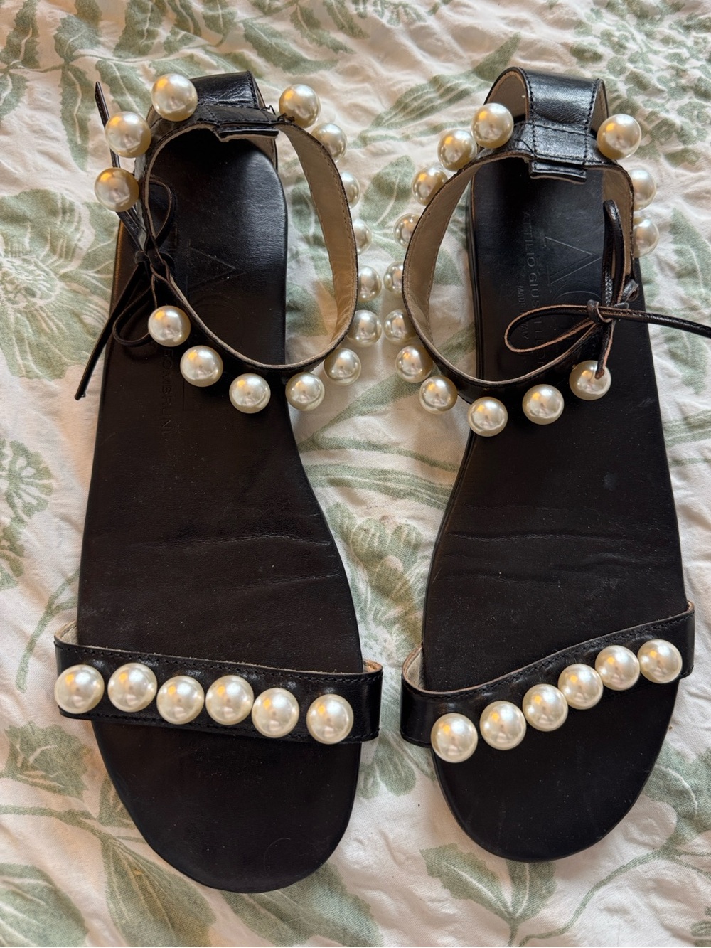 AGL Attilio Giusti Leombruni Black Pearl-Embellished Women’s Ankle-Strap Sandals